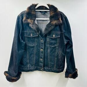 FU DA New York Women Jean Jacket Denim Blue Faux Fur Trim Collar Cotton Y2K Sz L